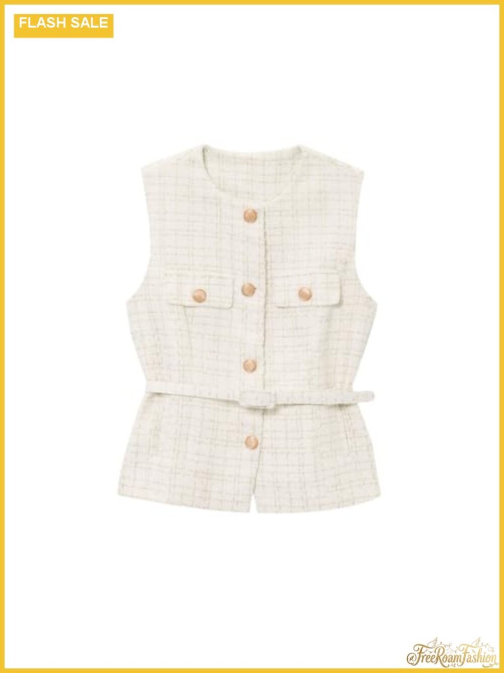 Belted Tweed Suit Vest Sleeveless Lined Pockets Button Front Waistcoat